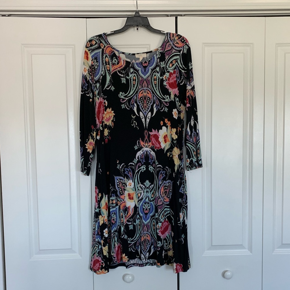3/4 Sleeve Black Patterned Dress by Cupio XL